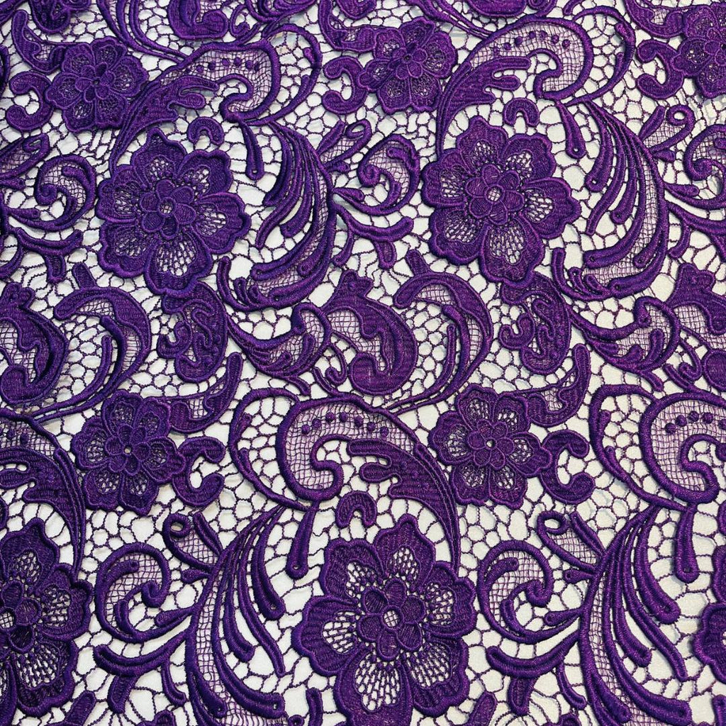 Floral Guipure Lace Fabric - PURPLE - Bridal Wedding Dress Lace a Mesh Fabric for Prom Dress. Sold By The Yard