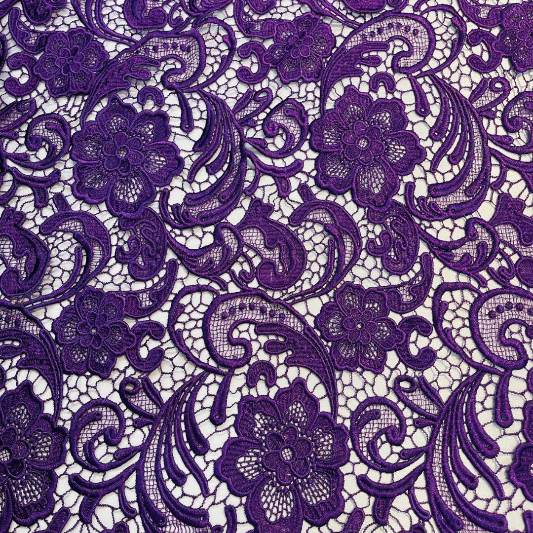 Floral Guipure Lace Fabric - PURPLE - Bridal Wedding Dress Lace a Mesh Fabric for Prom Dress. Sold By The Yard