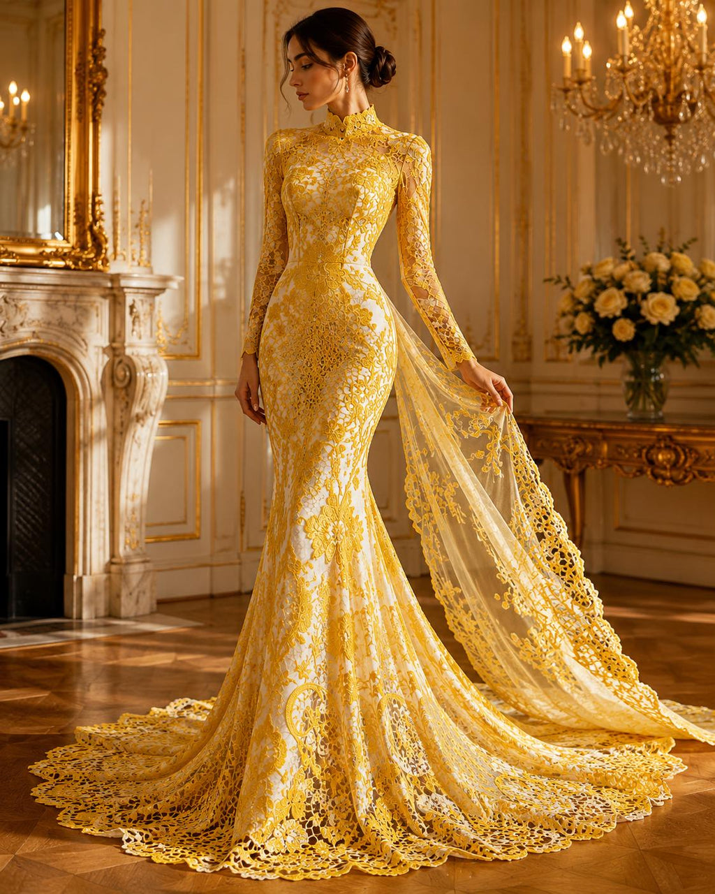 Floral Guipure Lace Fabric - YELLOW  - Bridal Wedding Dress Lace a Mesh Fabric for Prom Dress. Sold By The Yard