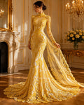 Floral Guipure Lace Fabric - YELLOW  - Bridal Wedding Dress Lace a Mesh Fabric for Prom Dress. Sold By The Yard