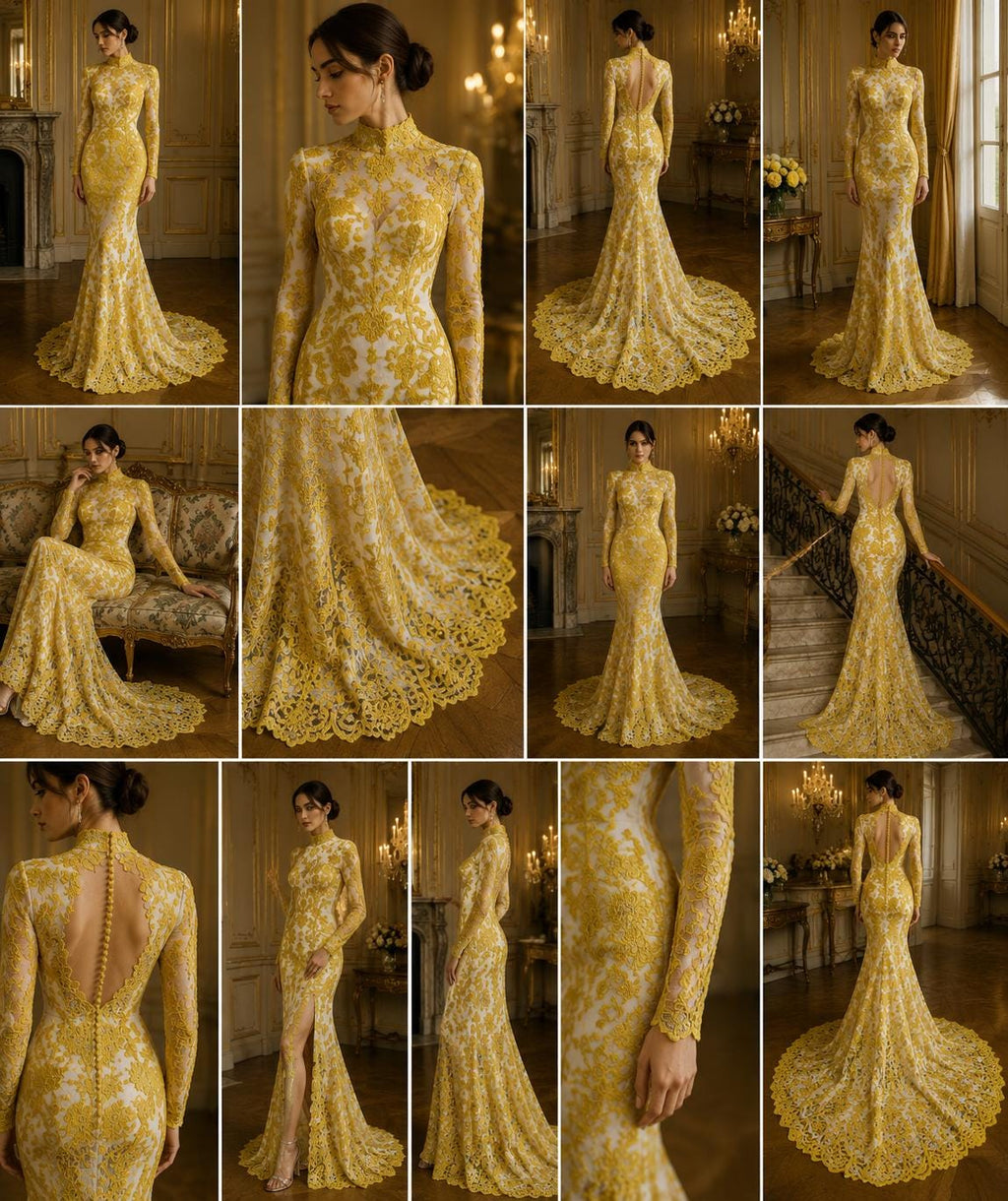 Floral Guipure Lace Fabric - YELLOW  - Bridal Wedding Dress Lace a Mesh Fabric for Prom Dress. Sold By The Yard