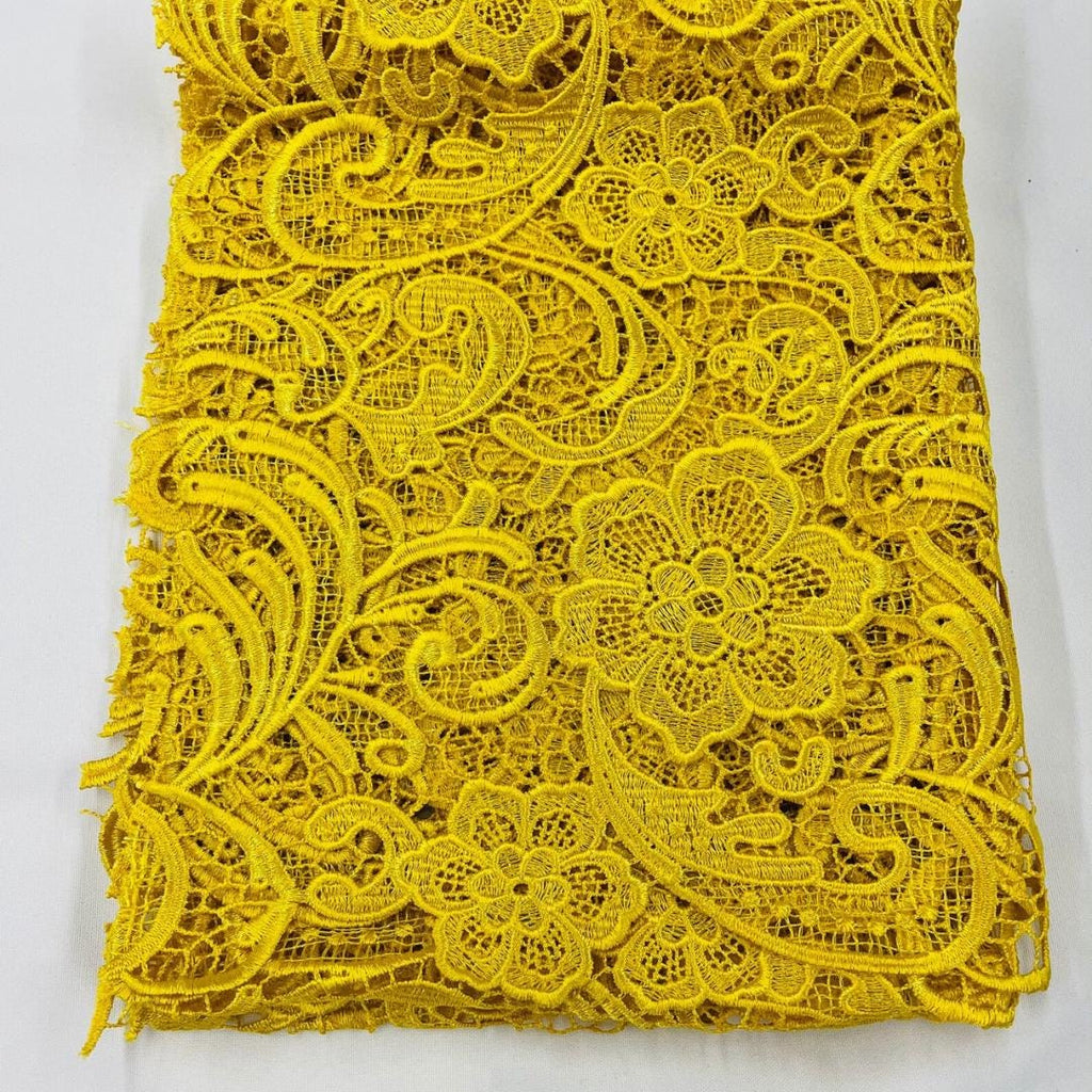 Floral Guipure Lace Fabric - YELLOW  - Bridal Wedding Dress Lace a Mesh Fabric for Prom Dress. Sold By The Yard