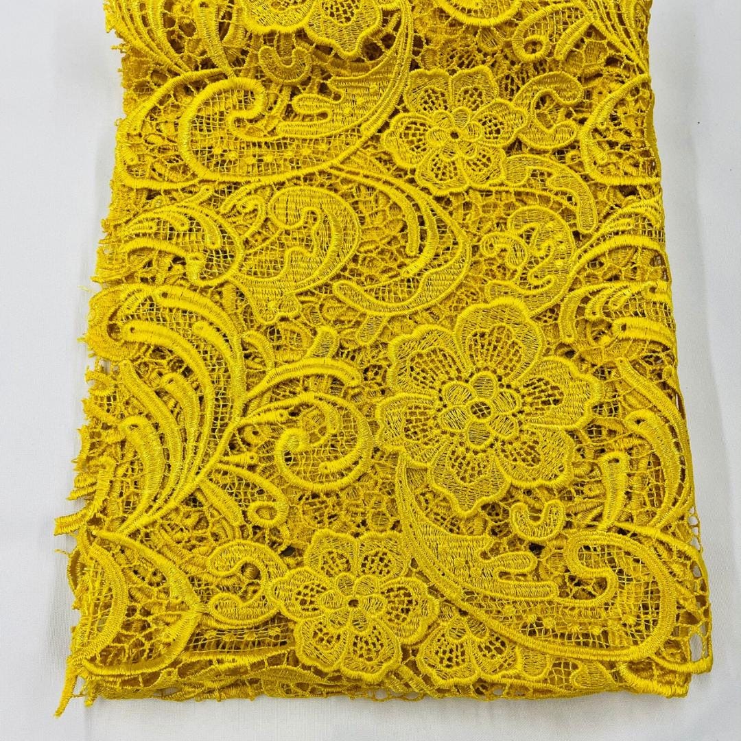 Floral Guipure Lace Fabric - YELLOW  - Bridal Wedding Dress Lace a Mesh Fabric for Prom Dress. Sold By The Yard