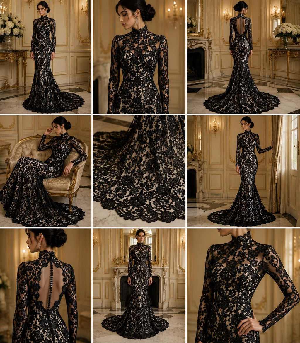 Floral Guipure Lace Fabric - BLACK - Bridal Wedding Dress Lace a Mesh Fabric for Prom Dress. Sold By The Yard