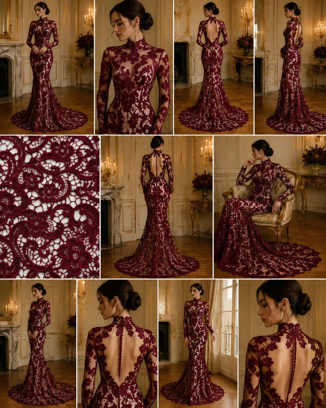 Floral Guipure Lace Fabric - BURGUNDY - Bridal Wedding Dress Lace a Mesh Fabric for Prom Dress. Sold By The Yard