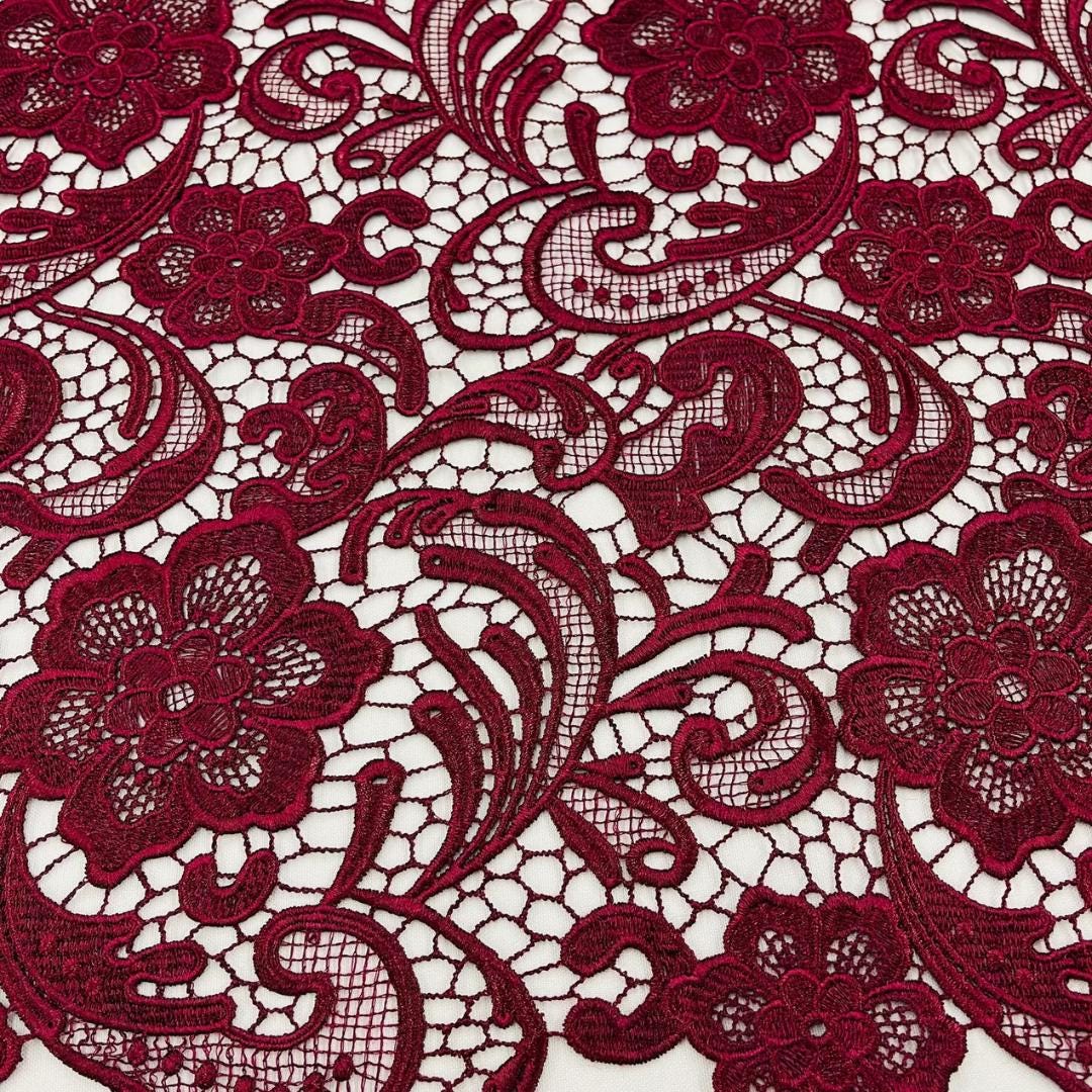 Floral Guipure Lace Fabric - BURGUNDY - Bridal Wedding Dress Lace a Mesh Fabric for Prom Dress. Sold By The Yard