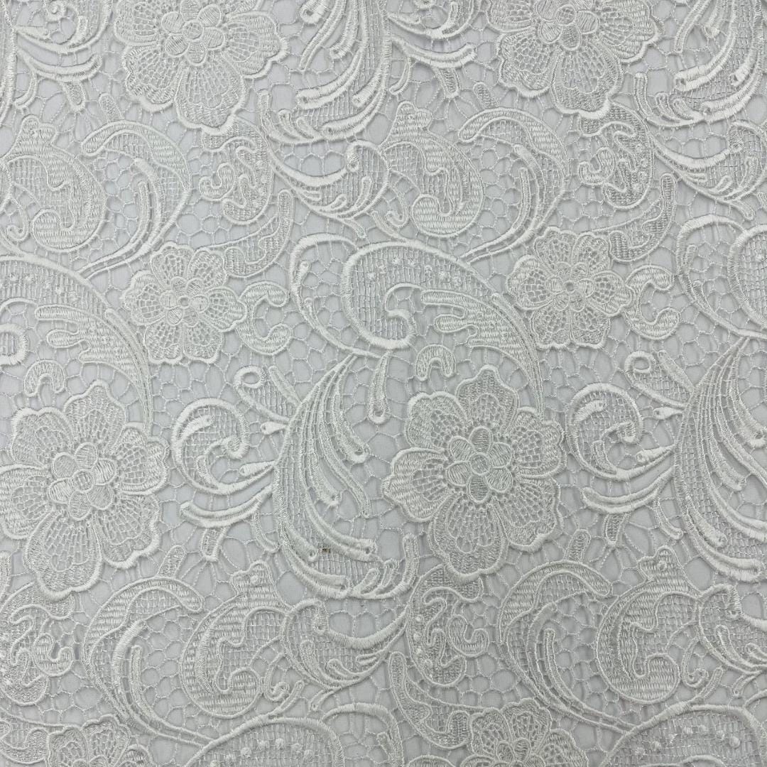 Floral Guipure Lace Fabric - WHITE - Bridal Wedding Dress Lace a Mesh Fabric for Prom Dress. Sold By The Yard
