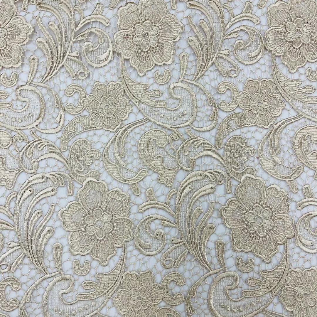 Floral Guipure Lace Fabric - CHAMPAGNE - Bridal Wedding Dress Lace a Mesh Fabric for Prom Dress. Sold By The Yard