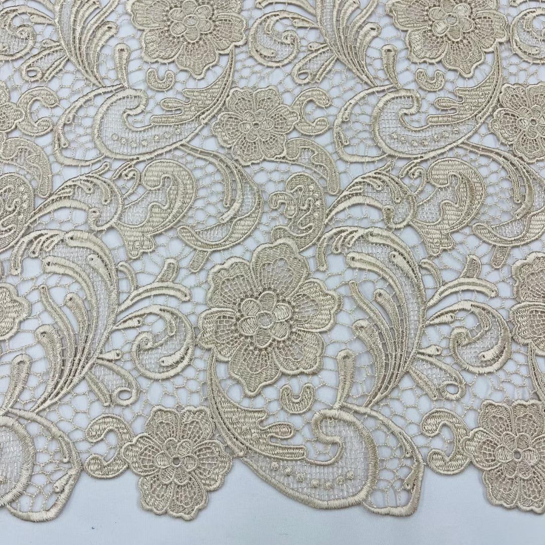 Floral Guipure Lace Fabric - CHAMPAGNE - Bridal Wedding Dress Lace a Mesh Fabric for Prom Dress. Sold By The Yard