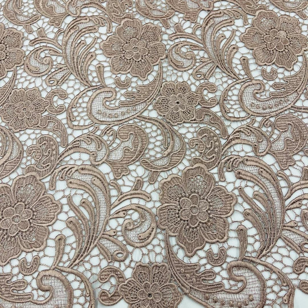 Floral Guipure Lace Fabric - COFFEE - Bridal Wedding Dress Lace a Mesh Fabric  Sold By The Yard