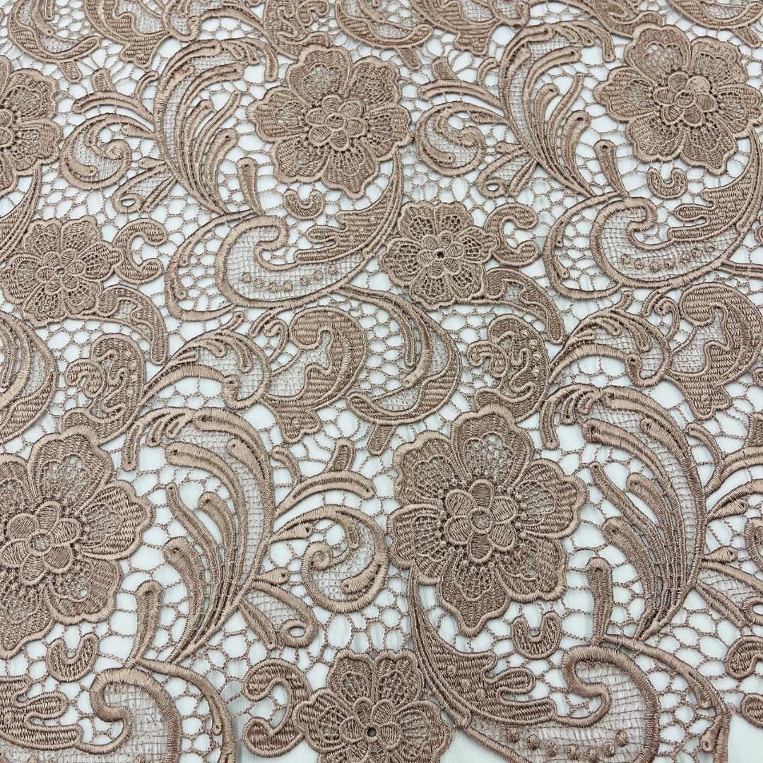 Floral Guipure Lace Fabric - COFFEE - Bridal Wedding Dress Lace a Mesh Fabric  Sold By The Yard
