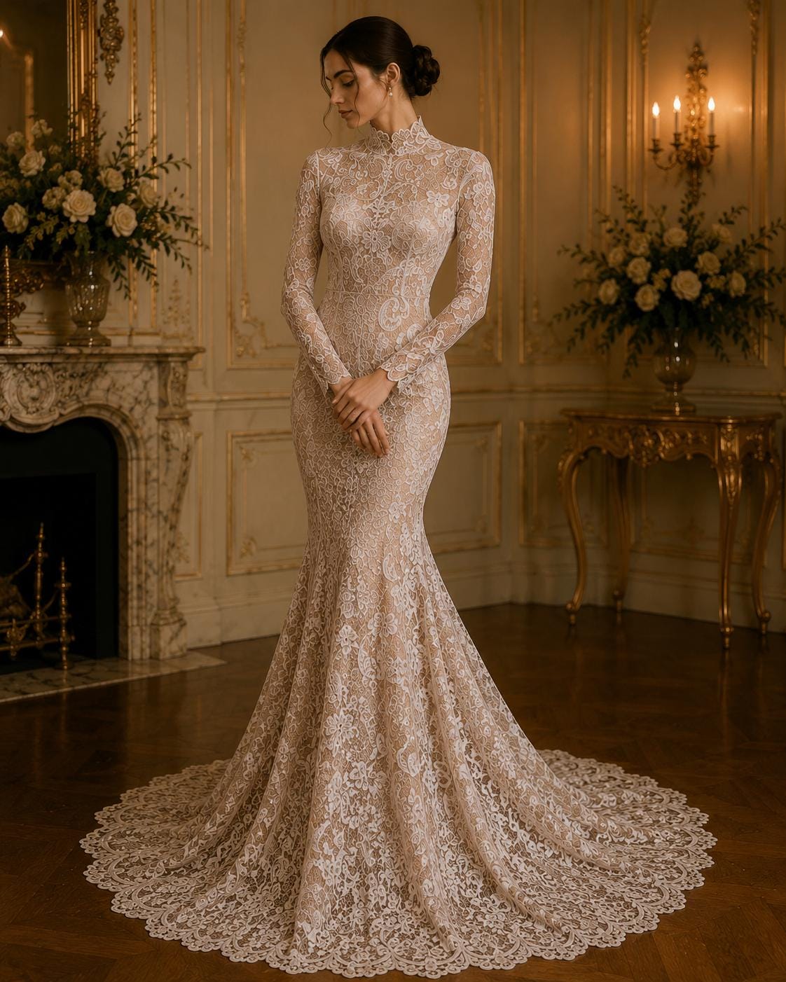 Floral Guipure Lace Fabric - COFFEE - Bridal Wedding Dress Lace a Mesh Fabric  Sold By The Yard