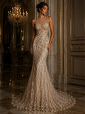 Blush Peach - Luxury Vine Lace  - Beaded Design with Embroidered Sequins and Beads On a Mesh Lace Fabric for Prom Dress. Sold By The Yard