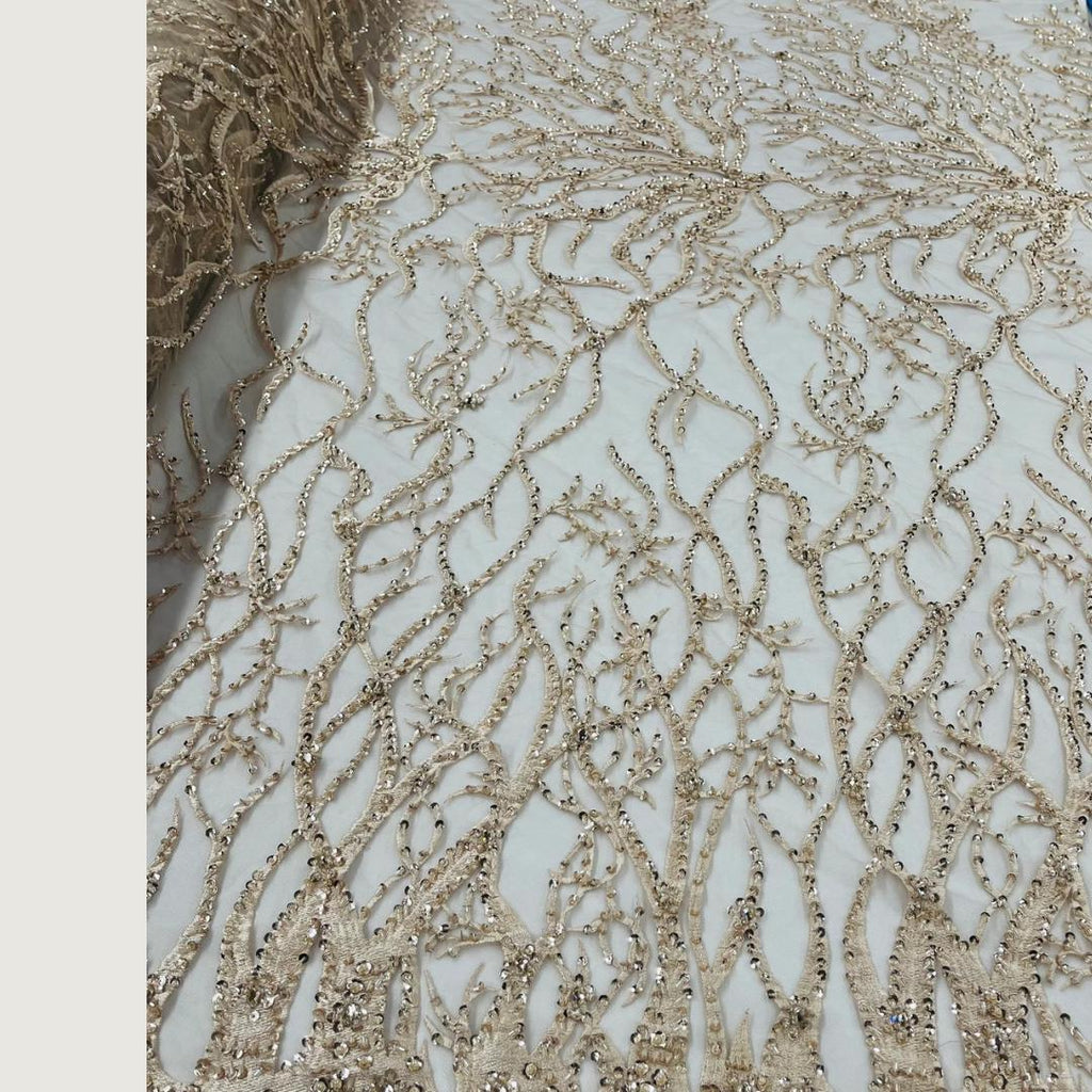 Blush Peach - Luxury Vine Lace  - Beaded Design with Embroidered Sequins and Beads On a Mesh Lace Fabric for Prom Dress. Sold By The Yard