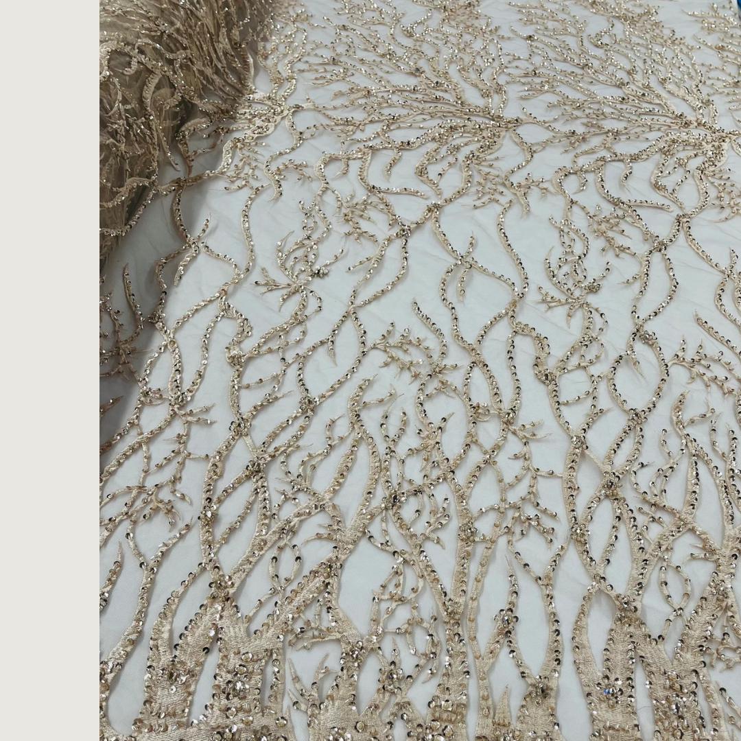 Blush Peach - Luxury Vine Lace  - Beaded Design with Embroidered Sequins and Beads On a Mesh Lace Fabric for Prom Dress. Sold By The Yard