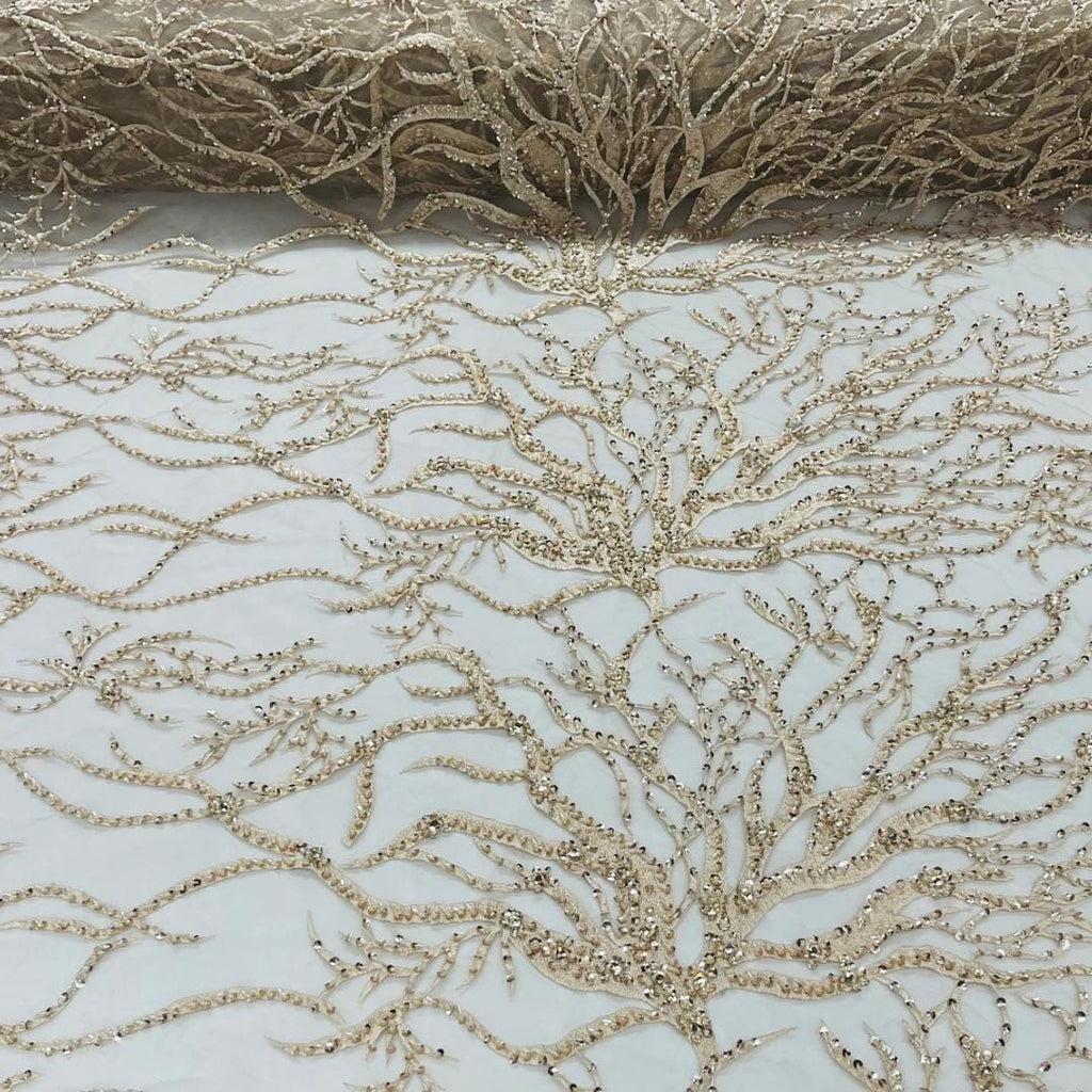 Blush Peach - Luxury Vine Lace  - Beaded Design with Embroidered Sequins and Beads On a Mesh Lace Fabric for Prom Dress. Sold By The Yard