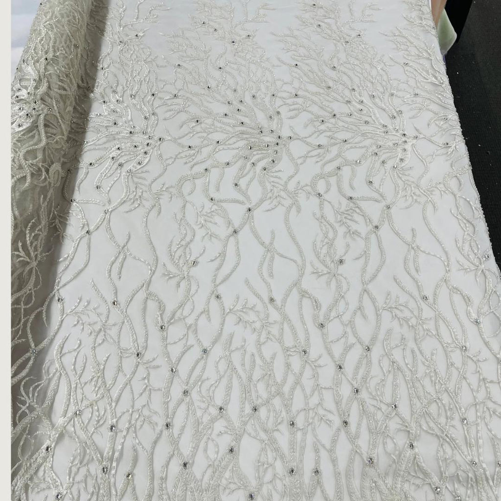 White - Luxury Vine Lace  - Beaded Design with Embroidered Sequins and Beads On a Mesh Lace Fabric for Prom Dress. Sold By The Yard