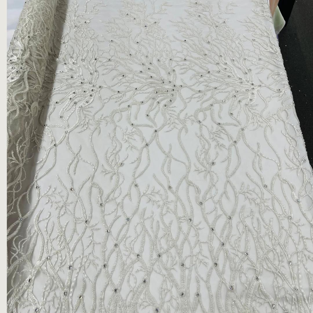 White - Luxury Vine Lace  - Beaded Design with Embroidered Sequins and Beads On a Mesh Lace Fabric for Prom Dress. Sold By The Yard