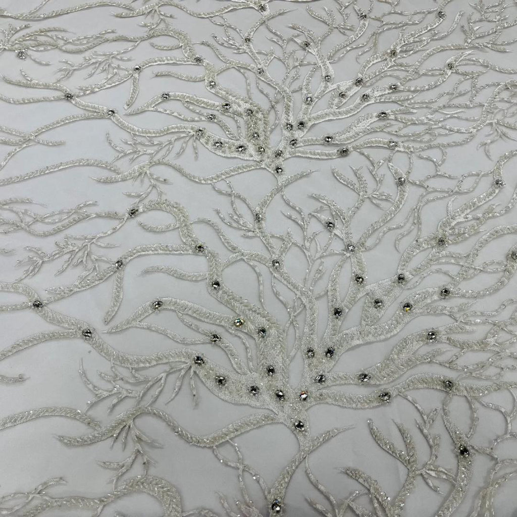 White - Luxury Vine Lace  - Beaded Design with Embroidered Sequins and Beads On a Mesh Lace Fabric for Prom Dress. Sold By The Yard