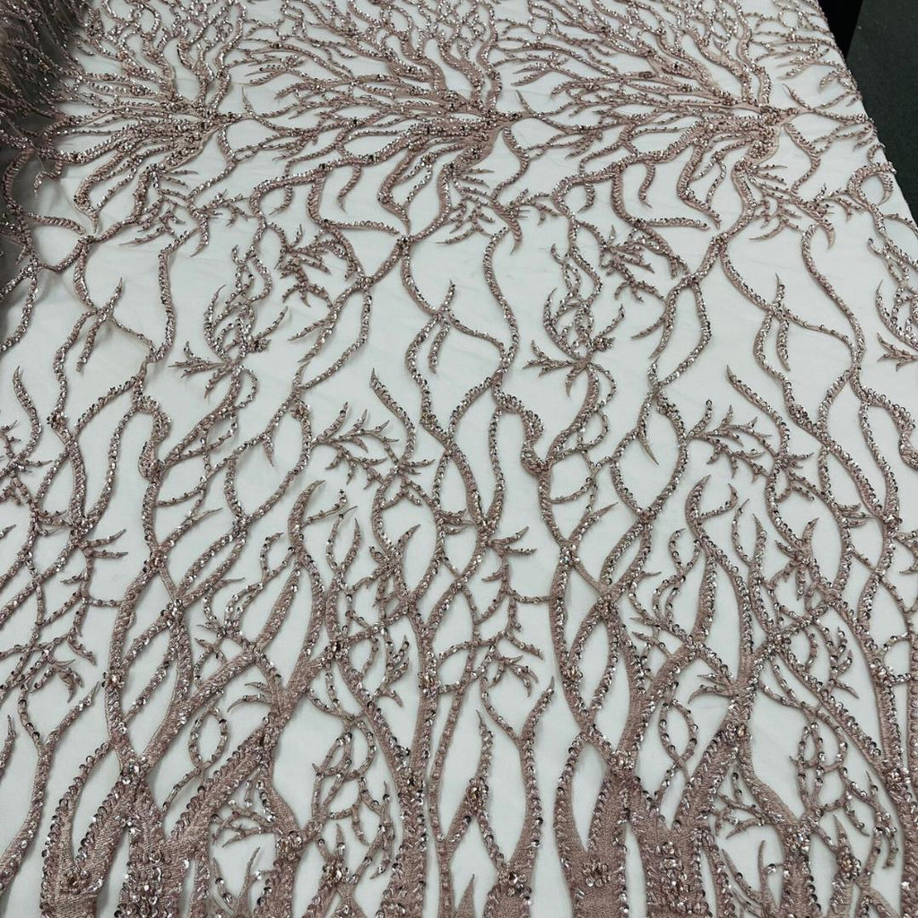 Rose Gold - Luxury Vine Lace  - Beaded Design with Embroidered Sequins and Beads On a Mesh Lace Fabric for Prom Dress. Sold By The Yard