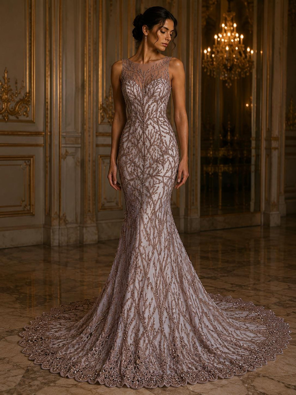 Rose Gold - Luxury Vine Lace  - Beaded Design with Embroidered Sequins and Beads On a Mesh Lace Fabric for Prom Dress. Sold By The Yard