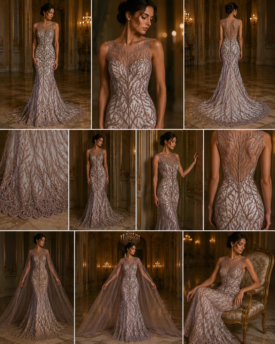 Rose Gold - Luxury Vine Lace  - Beaded Design with Embroidered Sequins and Beads On a Mesh Lace Fabric for Prom Dress. Sold By The Yard