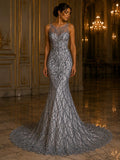 Silver - Luxury Vine Lace  - Beaded Design with Embroidered Sequins and Beads On a Mesh Lace Fabric for Prom Dress. Sold By The Yard