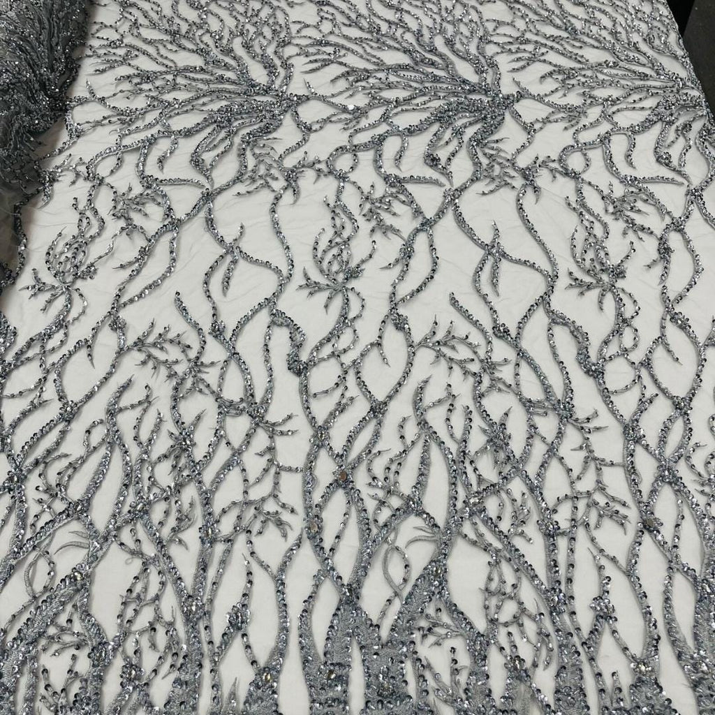 Silver - Luxury Vine Lace  - Beaded Design with Embroidered Sequins and Beads On a Mesh Lace Fabric for Prom Dress. Sold By The Yard
