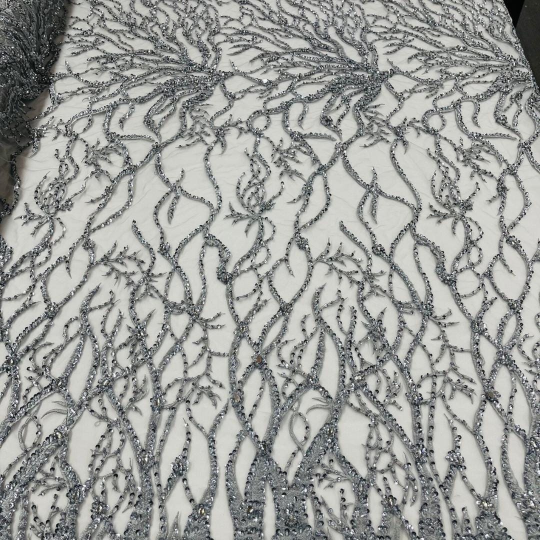 Silver - Luxury Vine Lace  - Beaded Design with Embroidered Sequins and Beads On a Mesh Lace Fabric for Prom Dress. Sold By The Yard