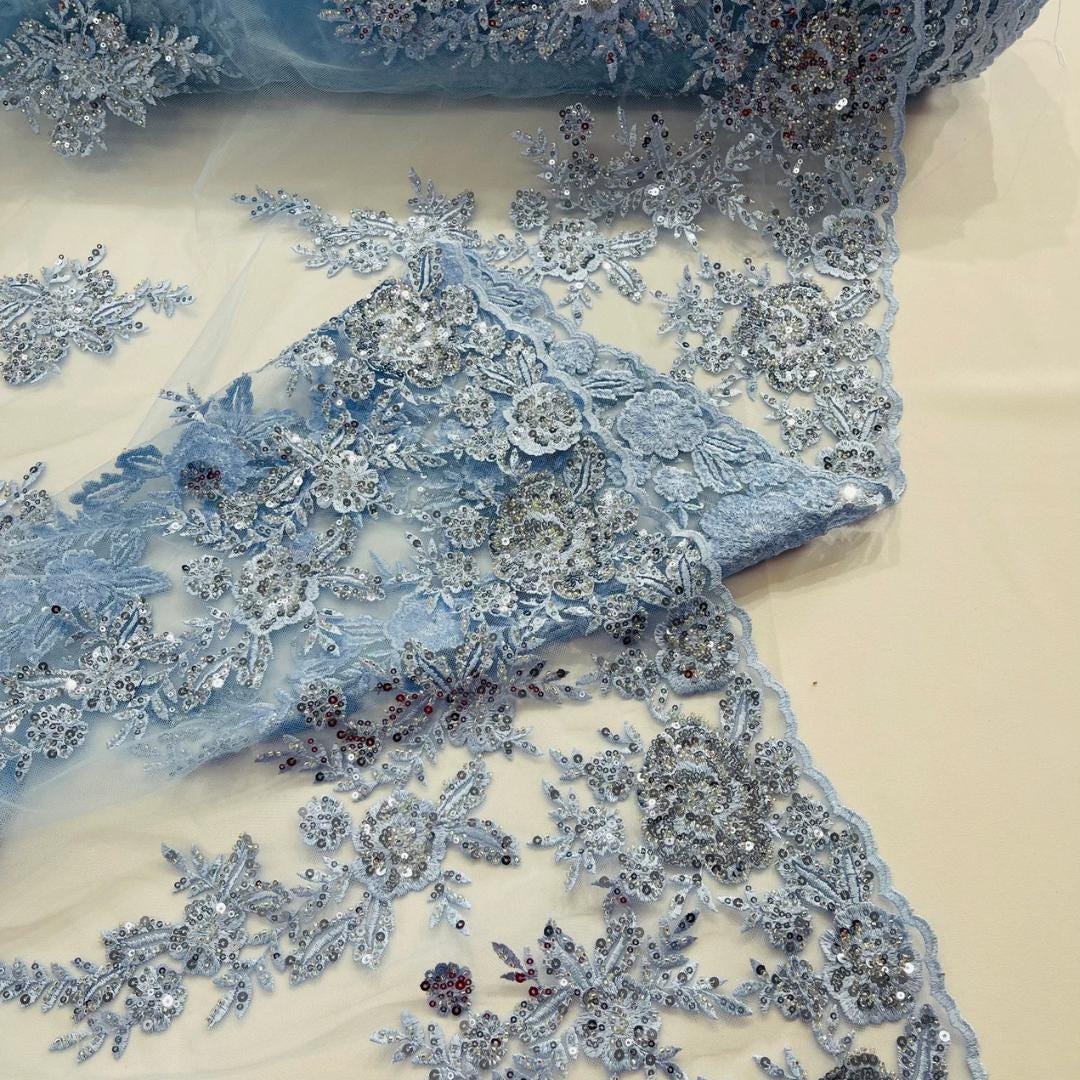 LT BLUE  - Luxury Lace  - Beaded Design with Embroidered Sequins and Beads On a Mesh Lace Fabric for Prom Dress. Sold By The Yard