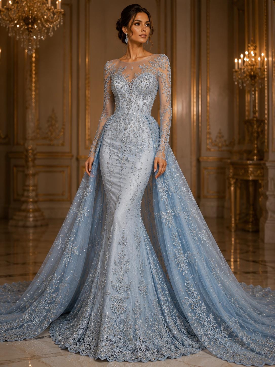 LT BLUE  - Luxury Lace  - Beaded Design with Embroidered Sequins and Beads On a Mesh Lace Fabric for Prom Dress. Sold By The Yard