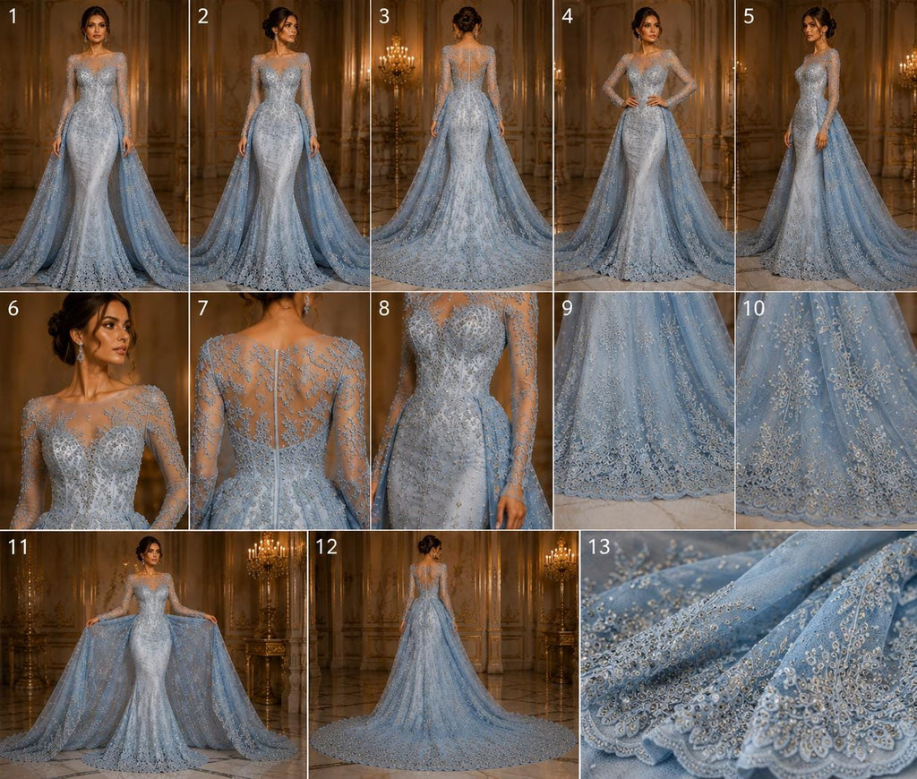 LT BLUE  - Luxury Lace  - Beaded Design with Embroidered Sequins and Beads On a Mesh Lace Fabric for Prom Dress. Sold By The Yard