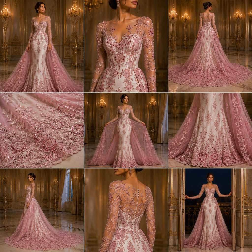 DUSTY ROSE  - Luxury Lace  - Beaded Design with Embroidered Sequins and Beads On a Mesh Lace Fabric for Prom Dress. Sold By The Yard