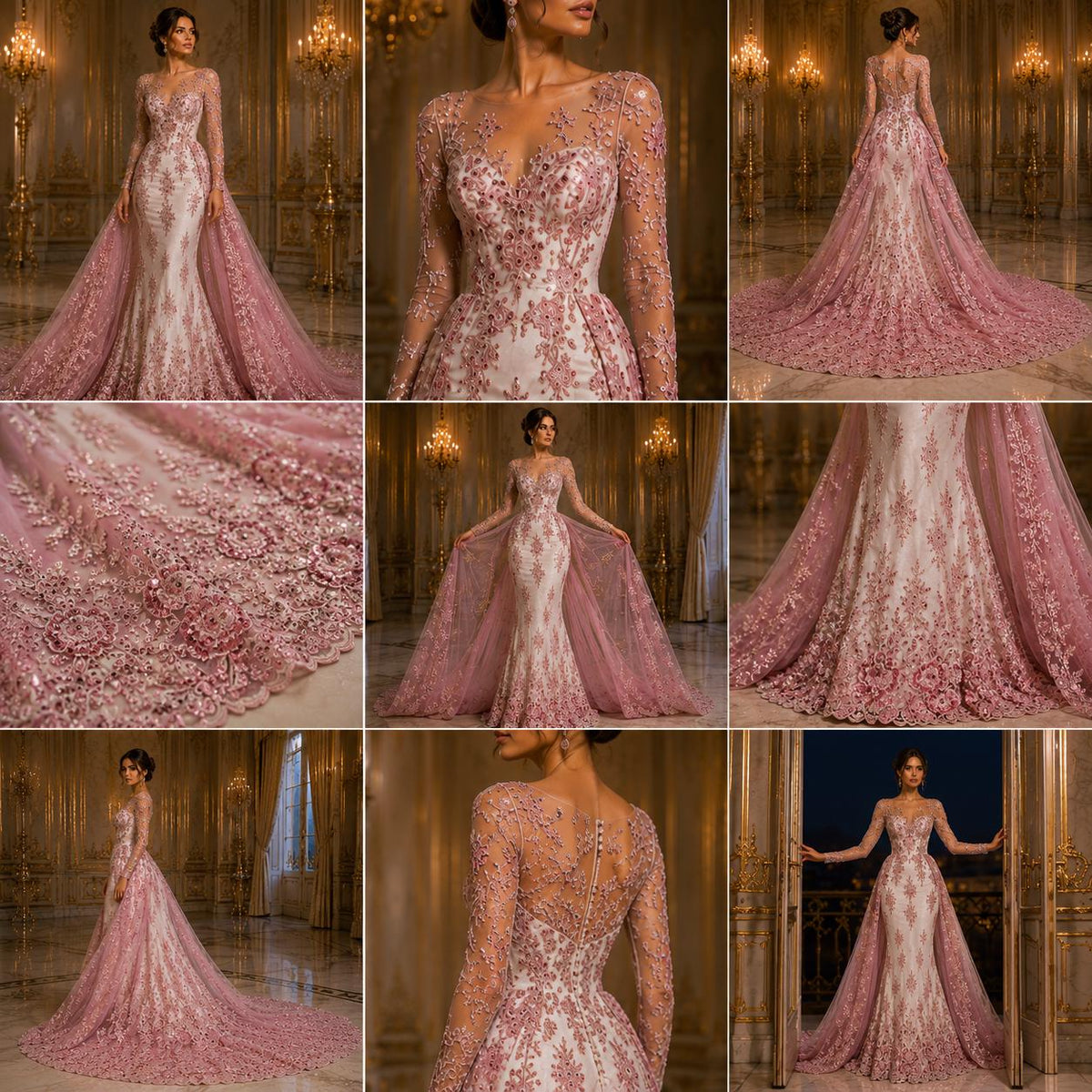 DUSTY ROSE  - Luxury Lace  - Beaded Design with Embroidered Sequins and Beads On a Mesh Lace Fabric for Prom Dress. Sold By The Yard