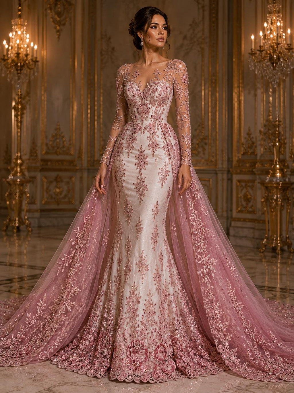 DUSTY ROSE  - Luxury Lace  - Beaded Design with Embroidered Sequins and Beads On a Mesh Lace Fabric for Prom Dress. Sold By The Yard