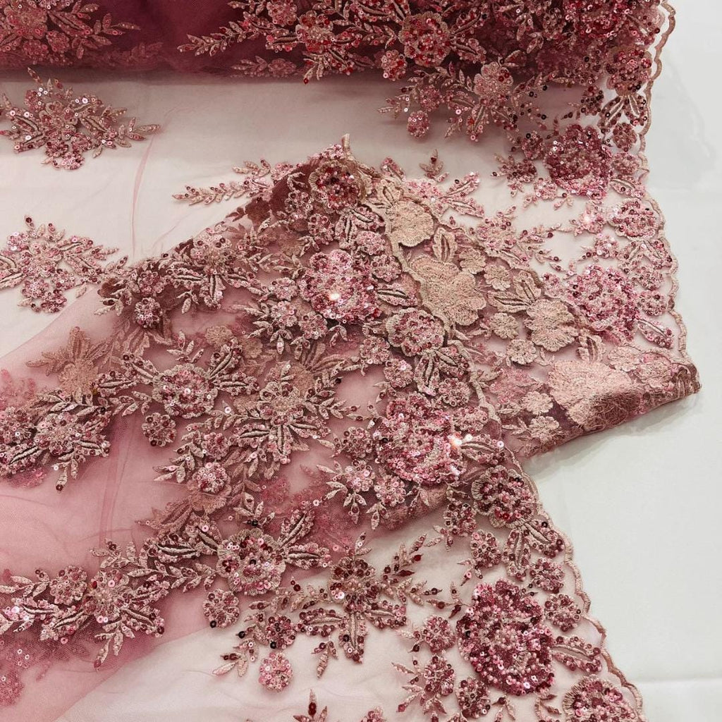 DUSTY ROSE  - Luxury Lace  - Beaded Design with Embroidered Sequins and Beads On a Mesh Lace Fabric for Prom Dress. Sold By The Yard