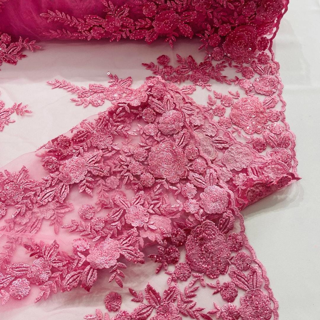 PINK  - Luxury Lace  - Beaded Design with Embroidered Sequins and Beads On a Mesh Lace Fabric for Prom Dress. Sold By The Yard