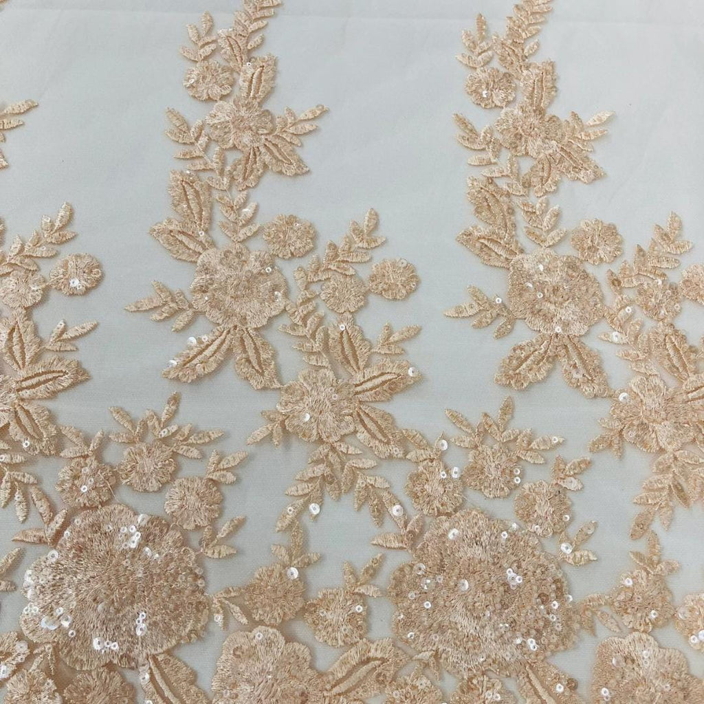 PEACH  - Luxury Lace  - Beaded Design with Embroidered Sequins and Beads On a Mesh Lace Fabric for Prom Dress. Sold By The Yard