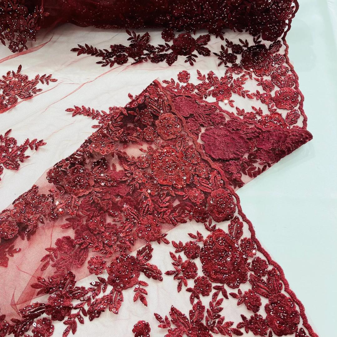 BURGUNDY  - Luxury Lace  - Beaded Design with Embroidered Sequins and Beads On a Mesh Lace Fabric for Prom Dress. Sold By The Yard