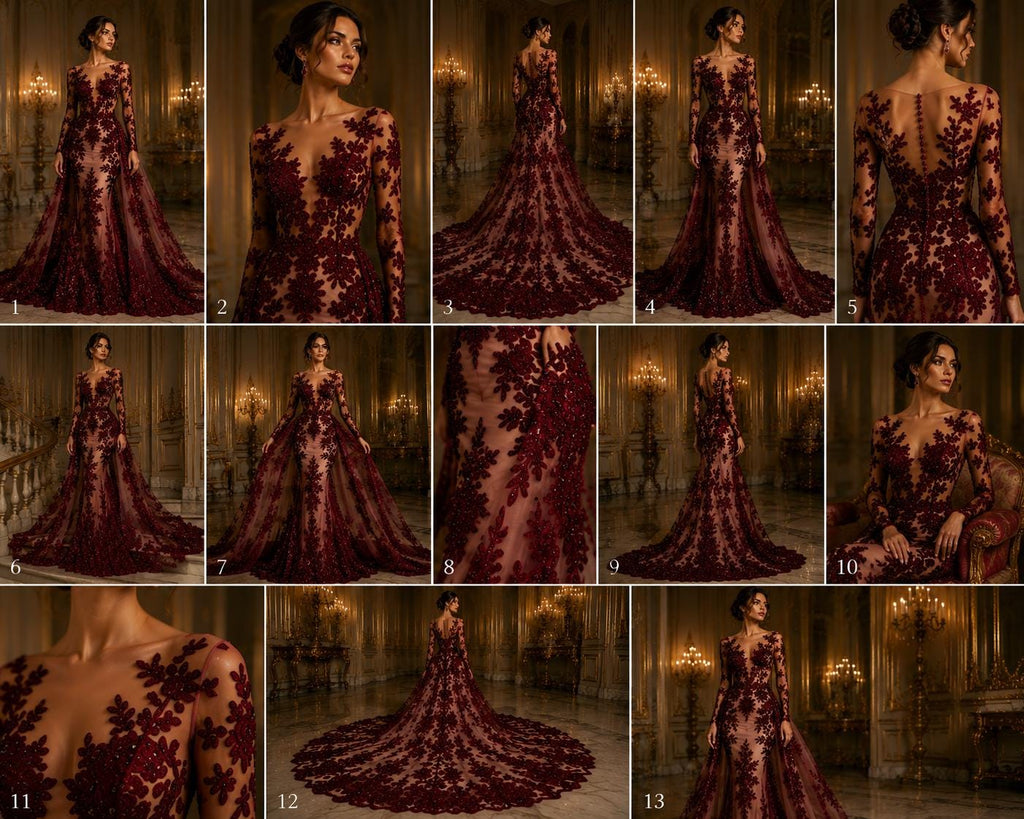 BURGUNDY  - Luxury Lace  - Beaded Design with Embroidered Sequins and Beads On a Mesh Lace Fabric for Prom Dress. Sold By The Yard