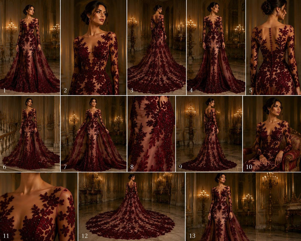 BURGUNDY  - Luxury Lace  - Beaded Design with Embroidered Sequins and Beads On a Mesh Lace Fabric for Prom Dress. Sold By The Yard