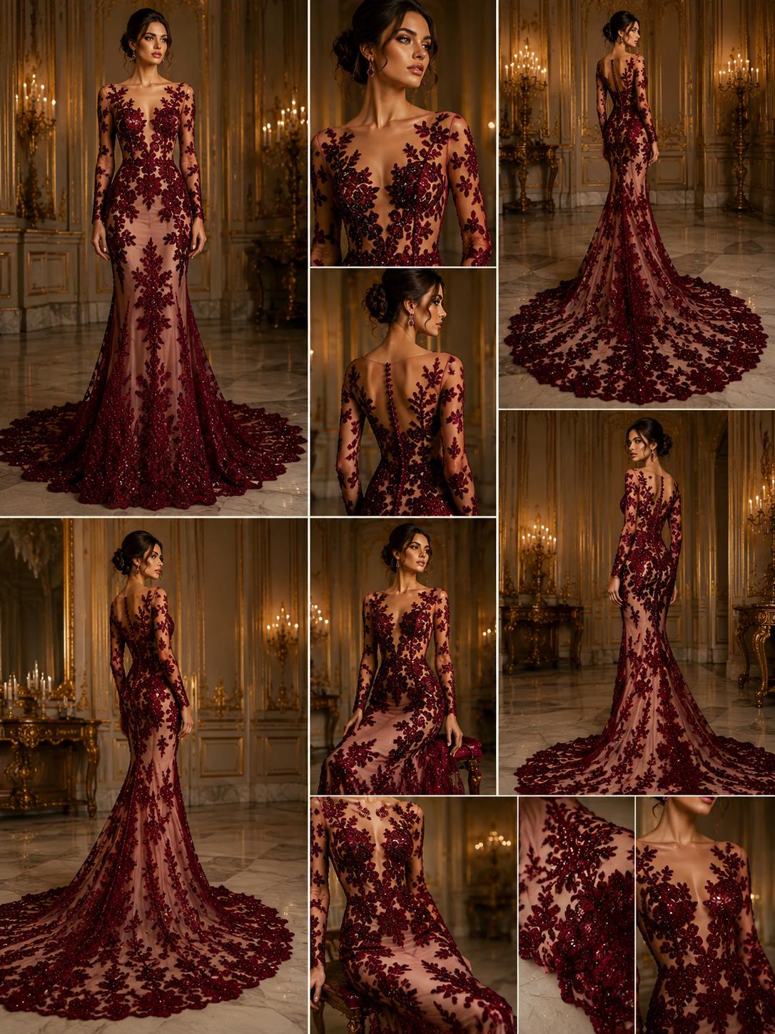 BURGUNDY  - Luxury Lace  - Beaded Design with Embroidered Sequins and Beads On a Mesh Lace Fabric for Prom Dress. Sold By The Yard