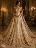 CHAMPAGNE  - Luxury Lace  - Beaded Design with Embroidered Sequins and Beads On a Mesh Lace Fabric for Prom Dress. Sold By The Yard