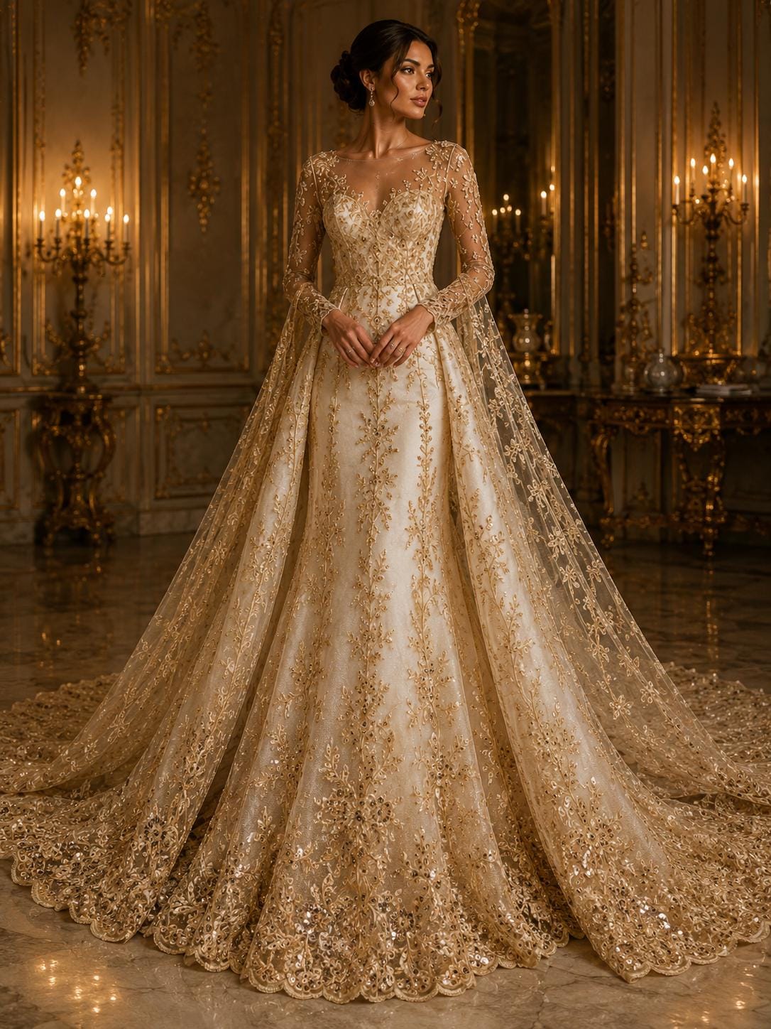 CHAMPAGNE  - Luxury Lace  - Beaded Design with Embroidered Sequins and Beads On a Mesh Lace Fabric for Prom Dress. Sold By The Yard