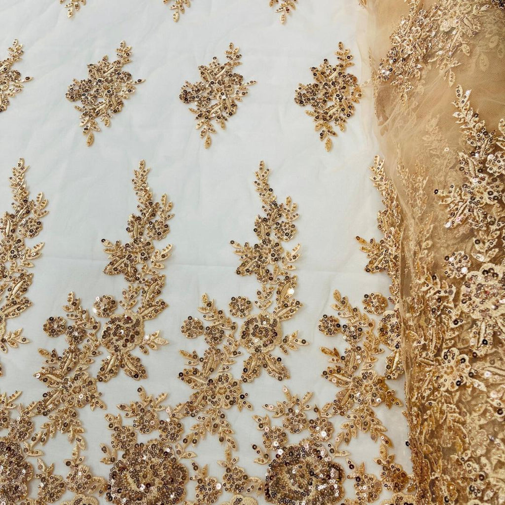 CHAMPAGNE  - Luxury Lace  - Beaded Design with Embroidered Sequins and Beads On a Mesh Lace Fabric for Prom Dress. Sold By The Yard