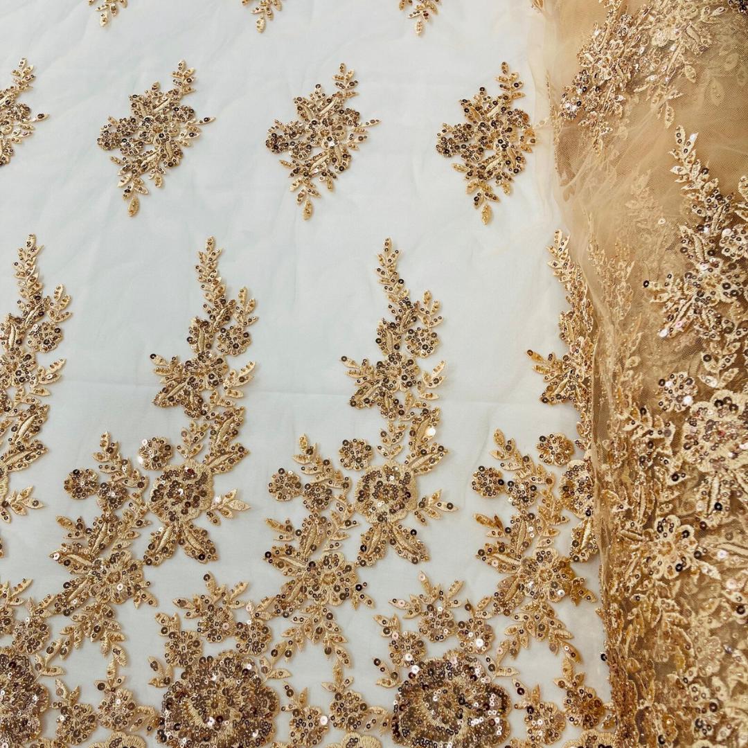 CHAMPAGNE  - Luxury Lace  - Beaded Design with Embroidered Sequins and Beads On a Mesh Lace Fabric for Prom Dress. Sold By The Yard