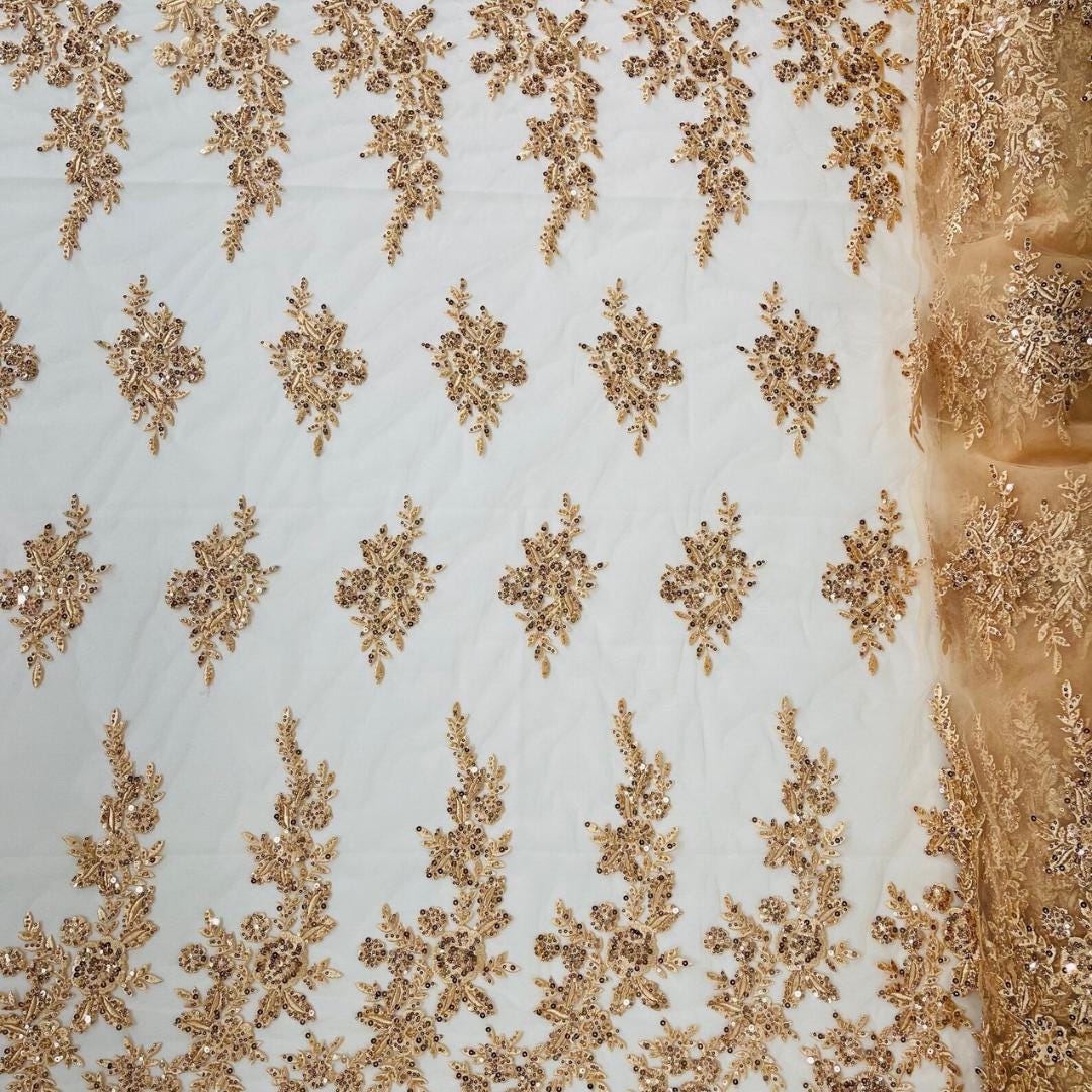 CHAMPAGNE  - Luxury Lace  - Beaded Design with Embroidered Sequins and Beads On a Mesh Lace Fabric for Prom Dress. Sold By The Yard