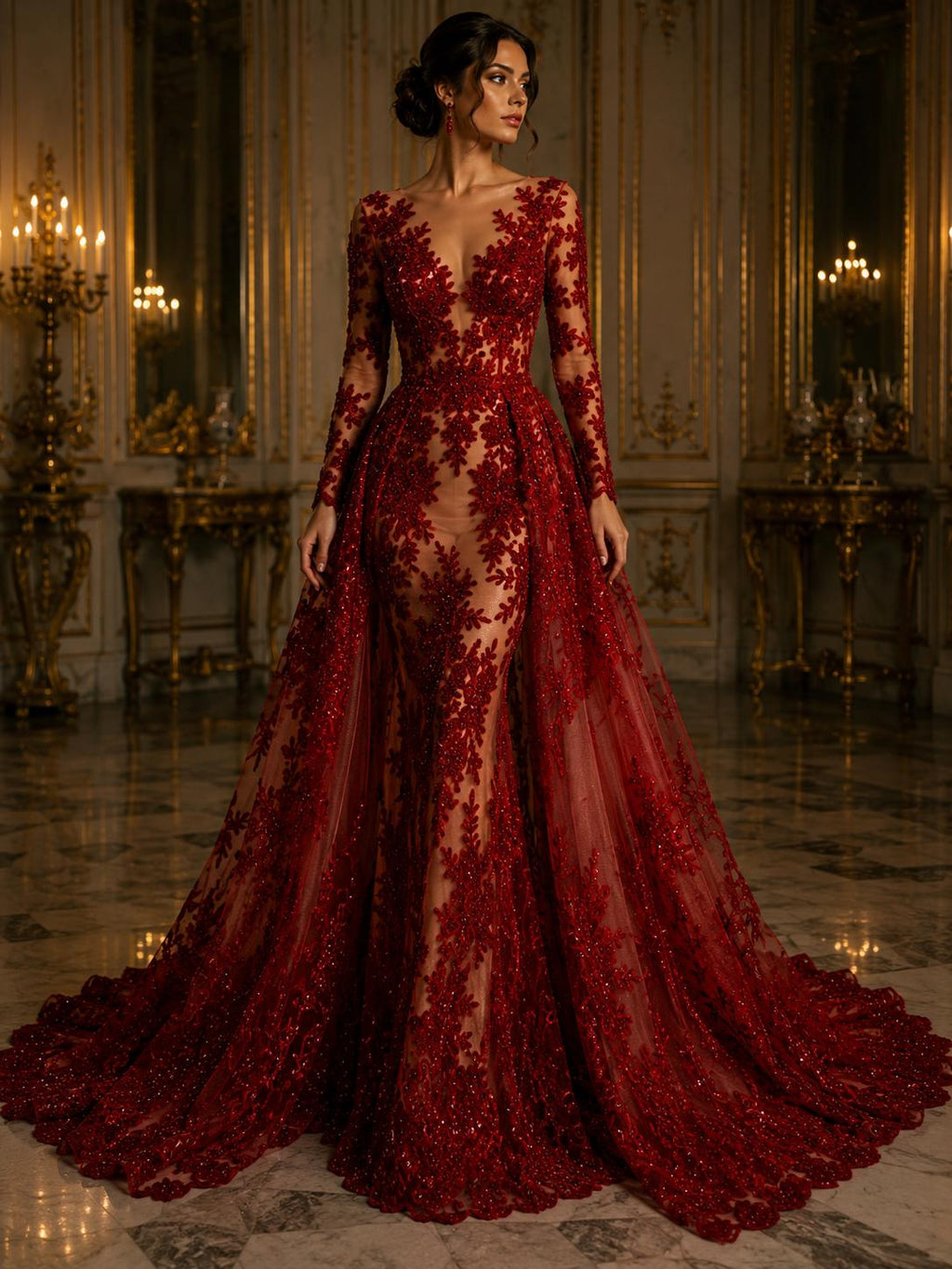 RED  - Luxury Lace  - Beaded Design with Embroidered Sequins and Beads On a Mesh Lace Fabric for Prom Dress. Sold By The Yard
