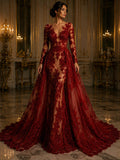RED  - Luxury Lace  - Beaded Design with Embroidered Sequins and Beads On a Mesh Lace Fabric for Prom Dress. Sold By The Yard