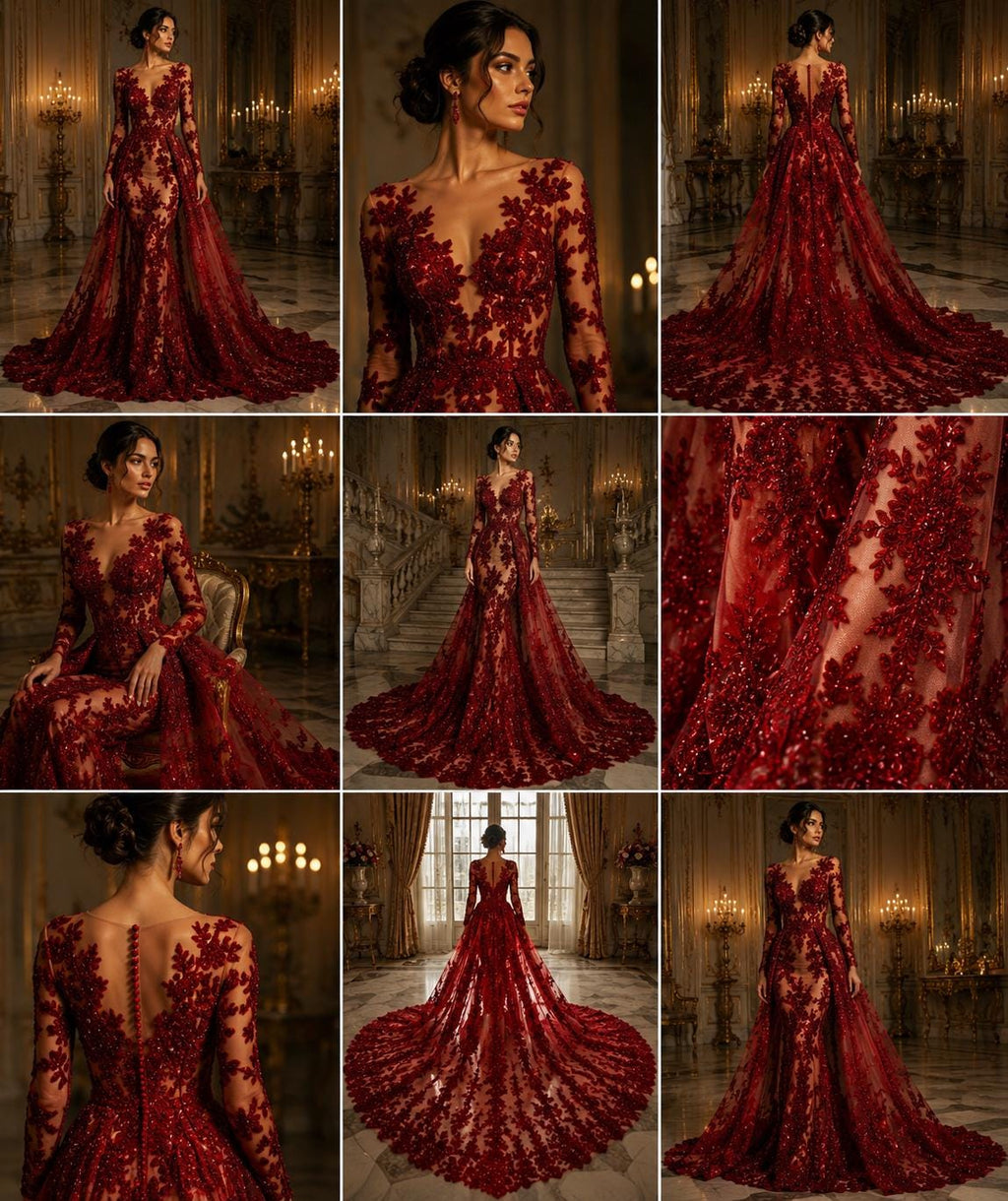 RED  - Luxury Lace  - Beaded Design with Embroidered Sequins and Beads On a Mesh Lace Fabric for Prom Dress. Sold By The Yard